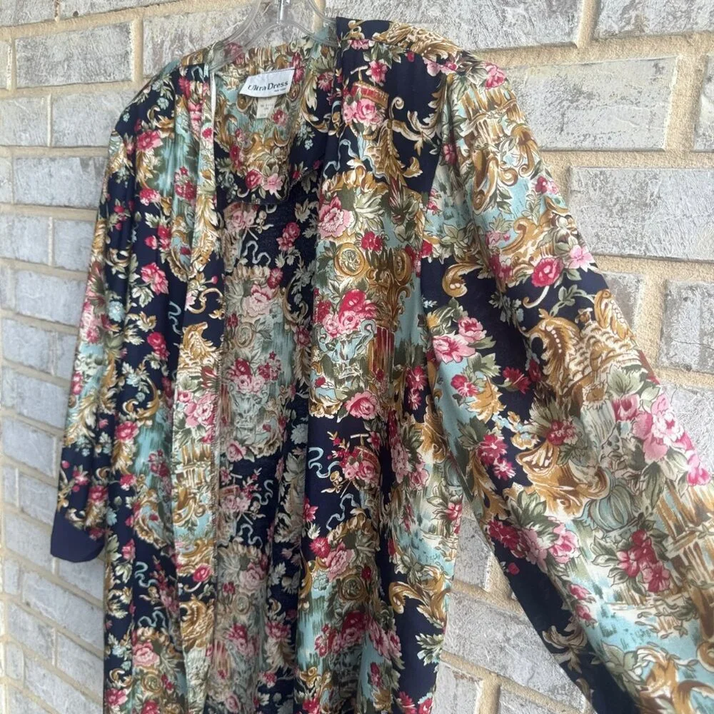Ultra Dress Vintage 3/4 Sleeve Floral Boho Open Front Cardigan Cover Up Size 14